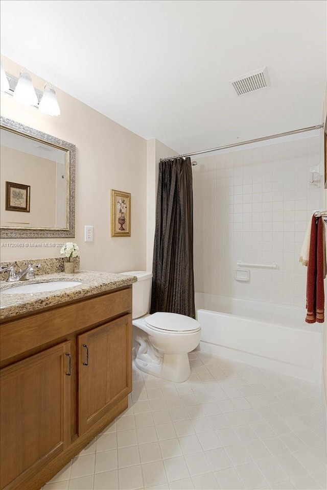 full bathroom featuring vanity, tile patterned flooring, shower / bathtub combination with curtain, and toilet