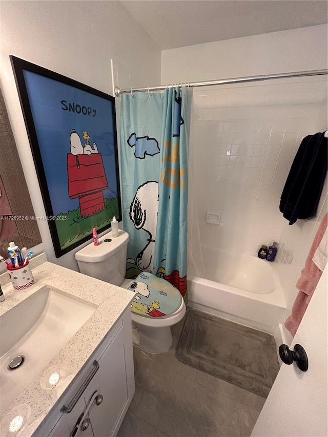 full bathroom featuring vanity, toilet, and shower / bathtub combination with curtain