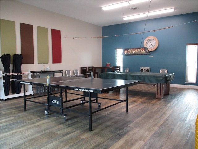 playroom featuring wood-type flooring, lofted ceiling, and pool table