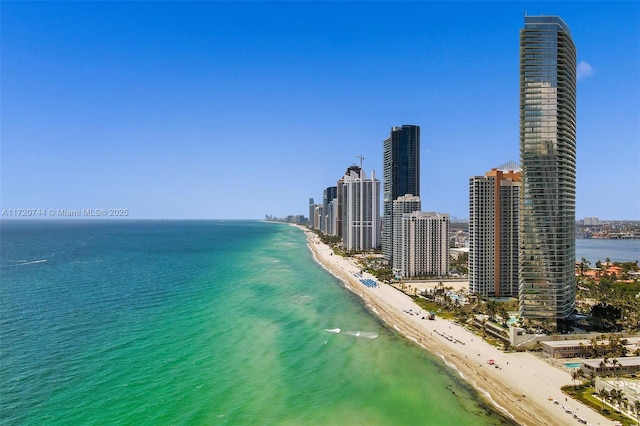 drone / aerial view with a water view and a view of the beach