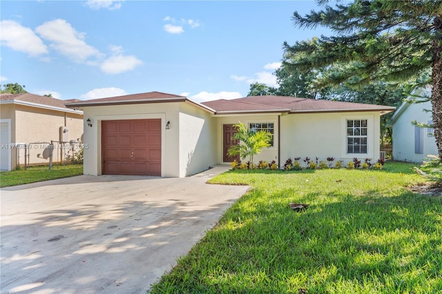 single story home with a front lawn and a garage