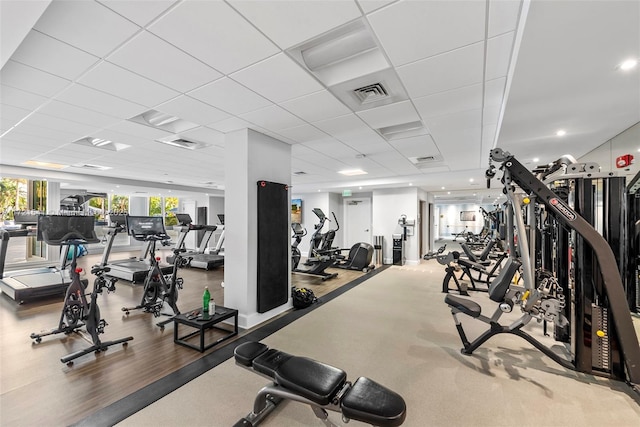 exercise room featuring hardwood / wood-style floors and a drop ceiling