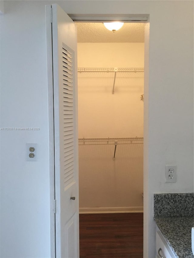 spacious closet featuring dark hardwood / wood-style flooring