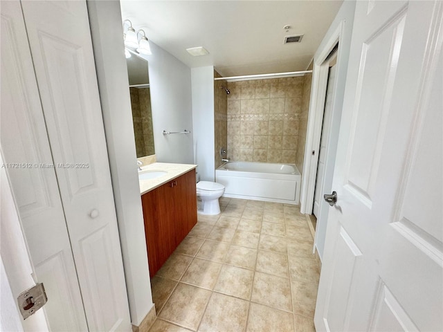 full bath featuring vanity, visible vents, tub / shower combination, tile patterned floors, and toilet