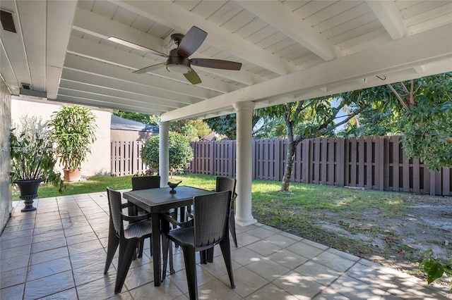 view of patio / terrace with ceiling fan, outdoor dining space, and a fenced backyard