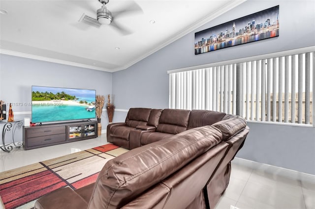 living room with crown molding, ceiling fan, lofted ceiling, and light tile patterned flooring