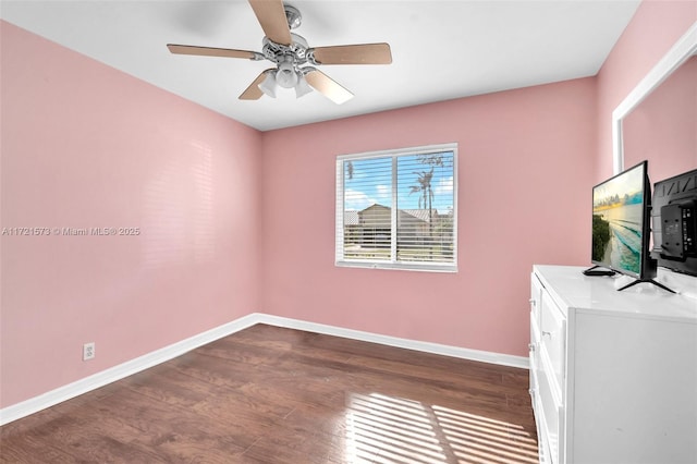 interior space featuring ceiling fan and dark wood-type flooring