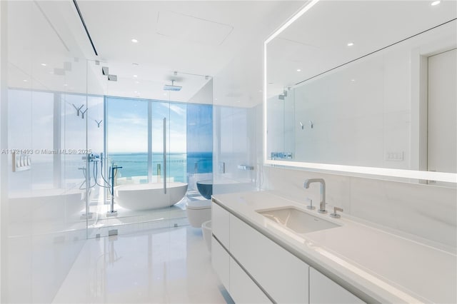 full bathroom with vanity, plus walk in shower, expansive windows, and toilet