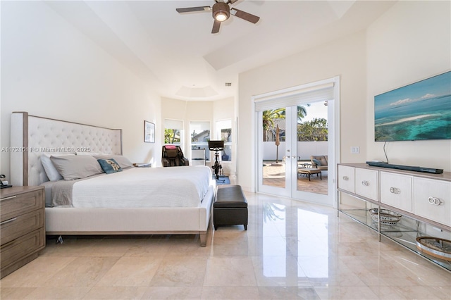 bedroom with french doors, access to outside, and ceiling fan