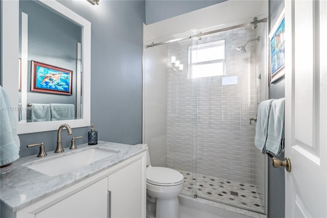 bathroom with vanity, toilet, and a shower with shower door