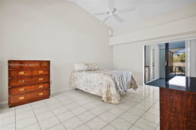 tiled bedroom featuring access to outside, ceiling fan, and lofted ceiling