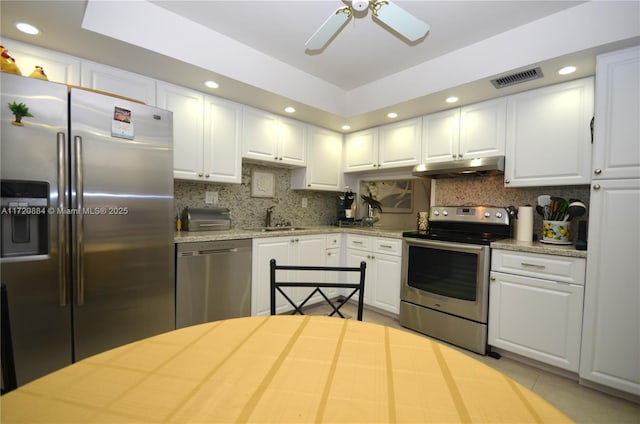 kitchen featuring stainless steel appliances, tasteful backsplash, sink, and white cabinets