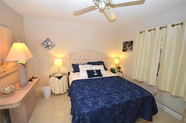 bedroom featuring ceiling fan and a textured ceiling