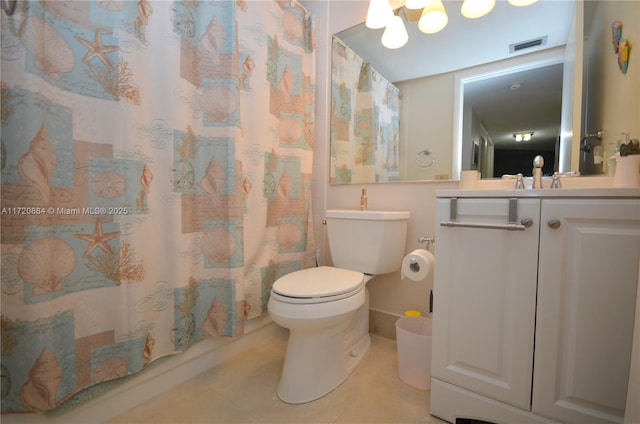 full bathroom featuring vanity, shower / tub combo, tile patterned floors, and toilet