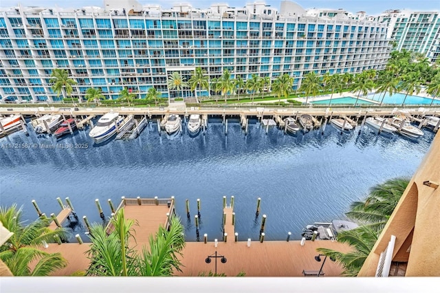 water view featuring a dock