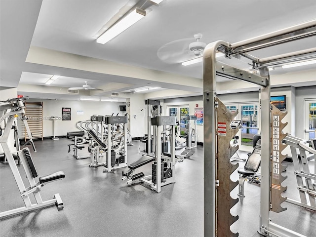 workout area with visible vents and ceiling fan