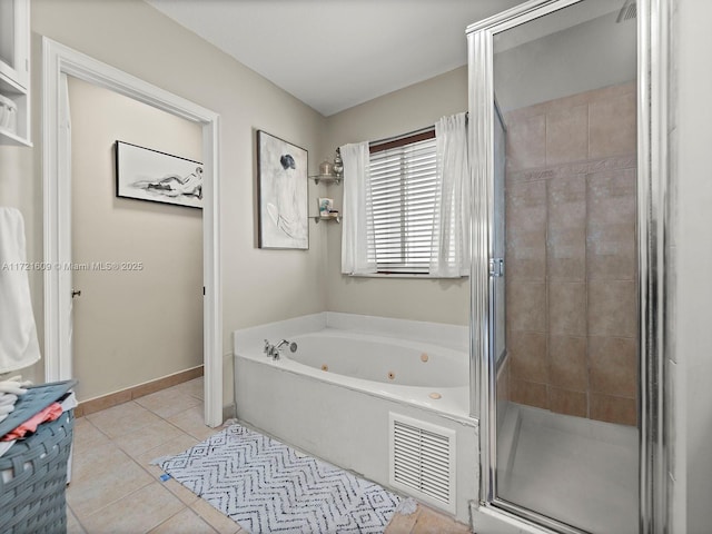 bathroom with tile patterned flooring and plus walk in shower