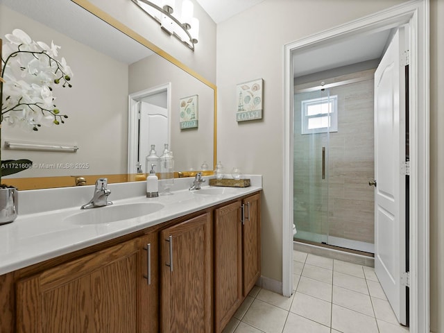 bathroom featuring tile patterned flooring, vanity, toilet, and a shower with shower door