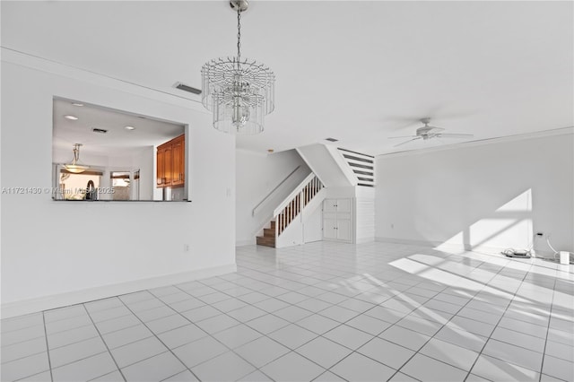 unfurnished living room with ceiling fan with notable chandelier and crown molding