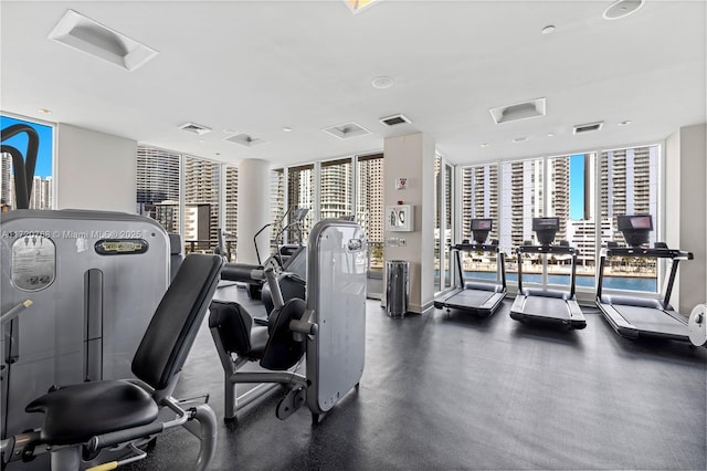 gym featuring expansive windows and a healthy amount of sunlight