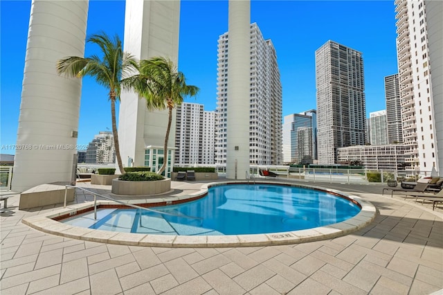 view of swimming pool featuring a patio area