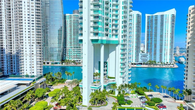 view of building exterior featuring a water view