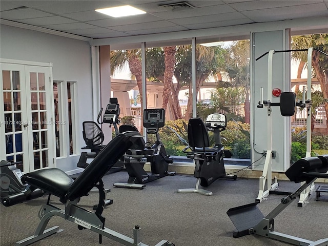 workout area featuring plenty of natural light and a drop ceiling