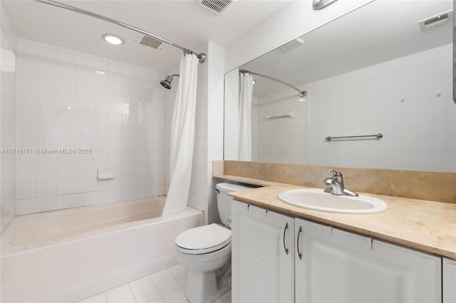 full bathroom with toilet, tile patterned flooring, shower / bath combo, and vanity