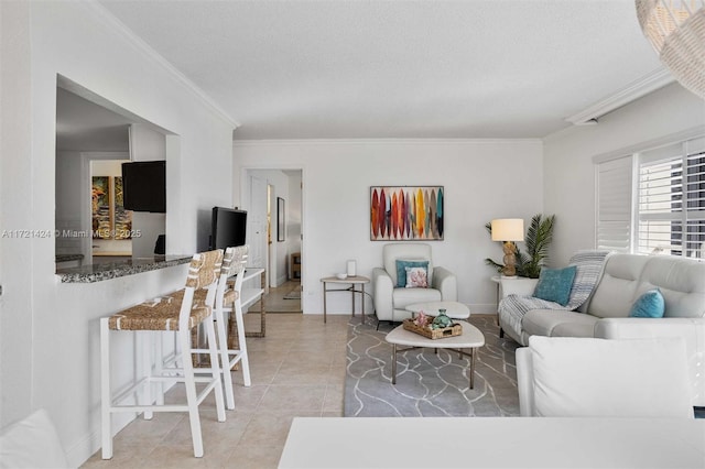 living room featuring a textured ceiling, light tile patterned floors, and crown molding