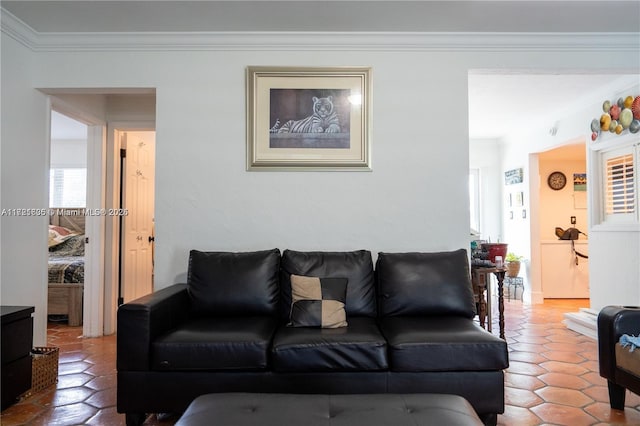 tiled living room featuring ornamental molding