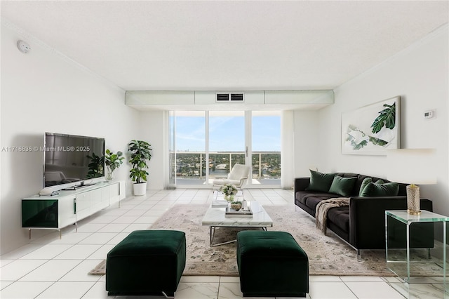 living room with floor to ceiling windows