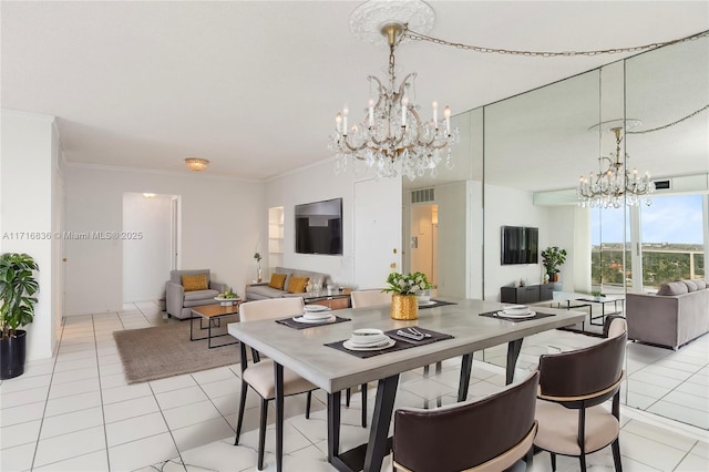 tiled dining space featuring crown molding and a chandelier