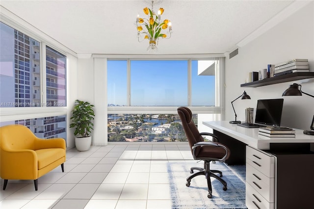 tiled office space with crown molding, a wall of windows, and a textured ceiling