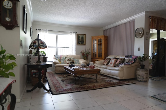 living room with crown molding, a textured ceiling, and light tile patterned floors