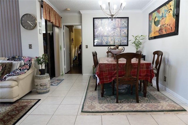 dining space featuring a textured ceiling, ornamental molding, light tile patterned floors, and a notable chandelier