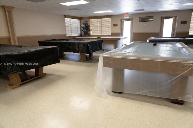 recreation room featuring pool table and a paneled ceiling