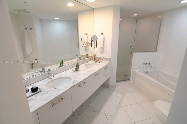 full bathroom with tile patterned flooring, vanity, toilet, and shower with separate bathtub