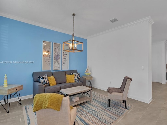 tiled living room with an inviting chandelier and crown molding