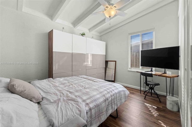 bedroom featuring baseboards, vaulted ceiling with beams, wood finished floors, and a ceiling fan