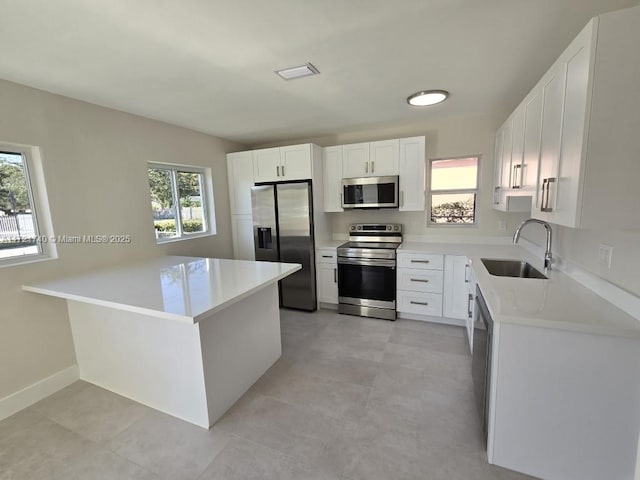 kitchen featuring kitchen peninsula, sink, white cabinets, and stainless steel appliances