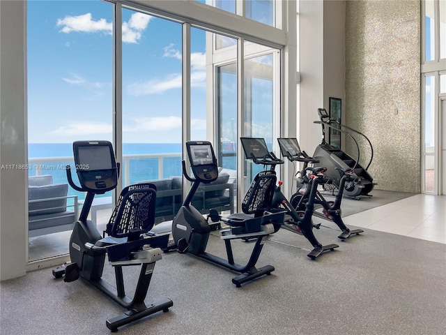 workout area with a water view and a wealth of natural light