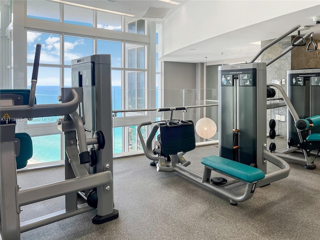 gym with a water view and a healthy amount of sunlight