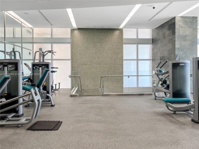 workout area with plenty of natural light and a high ceiling