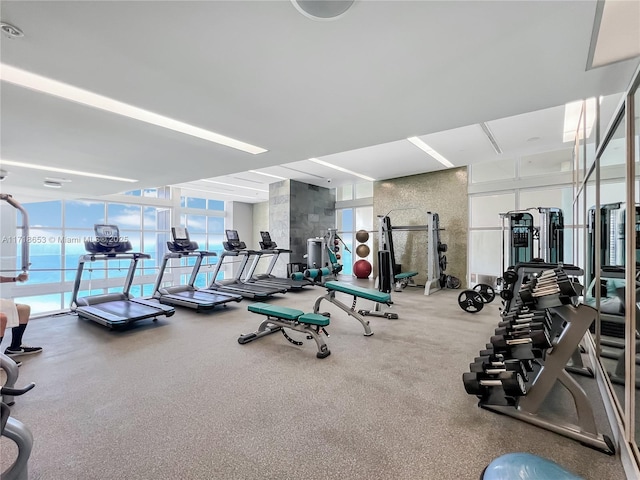 gym with a water view and expansive windows