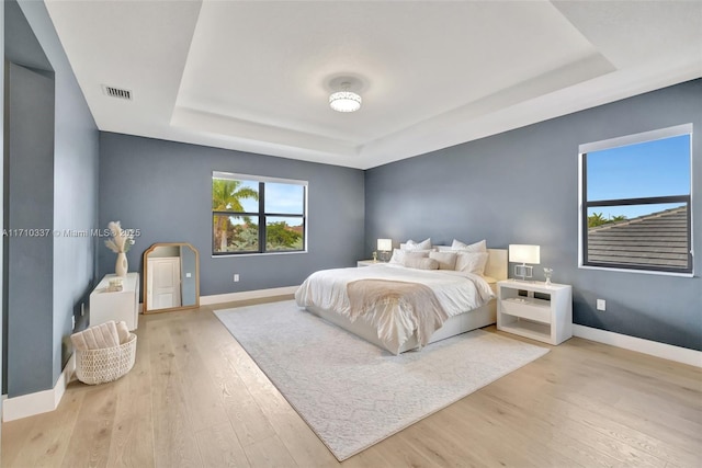 bedroom with a raised ceiling and light hardwood / wood-style floors