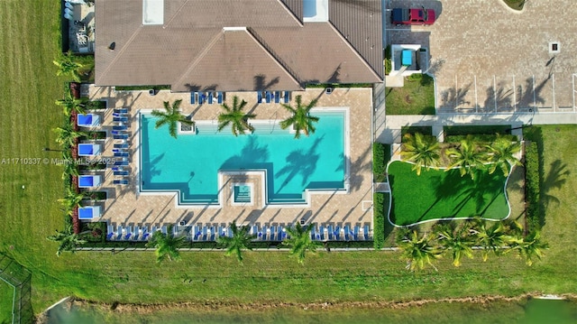 aerial view featuring a water view