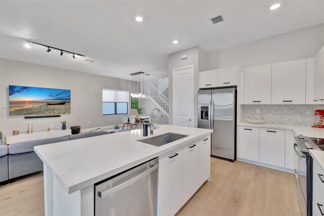 kitchen featuring appliances with stainless steel finishes, white cabinetry, sink, hanging light fixtures, and a center island with sink