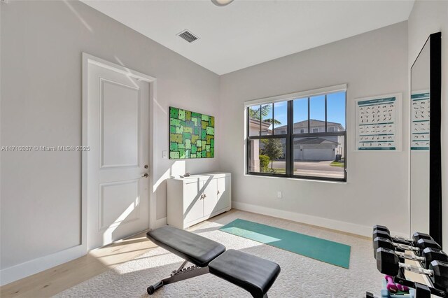 workout room featuring light hardwood / wood-style floors