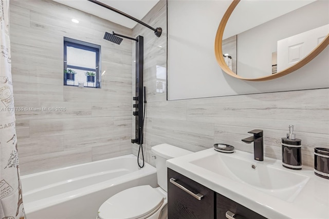 full bathroom featuring vanity, decorative backsplash, toilet, shower / bathtub combination with curtain, and tile walls