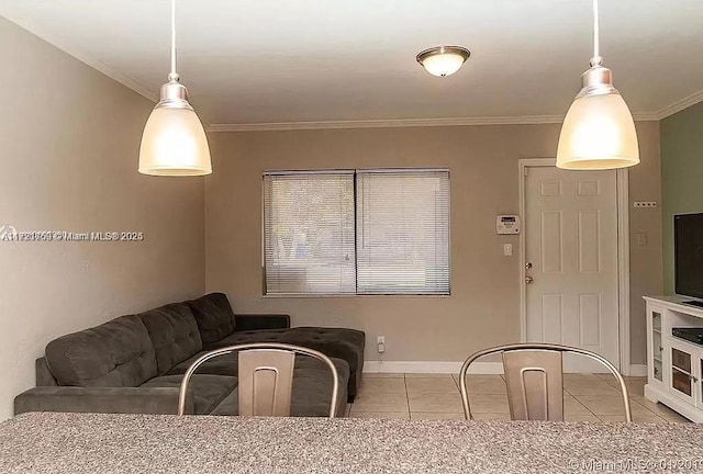 tiled living room featuring crown molding